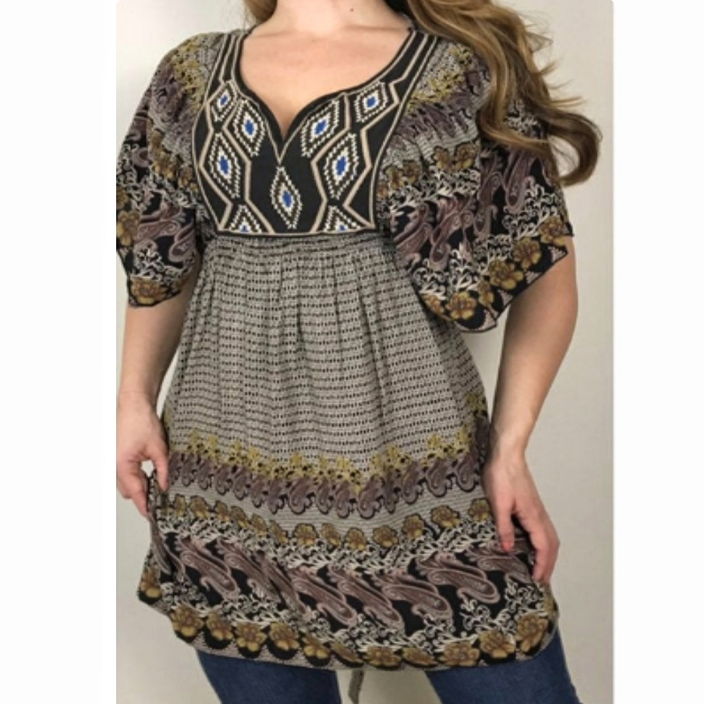 ANGIE Bohemian Tunic Top or Mini Dress Brown and Blue Medium NWT